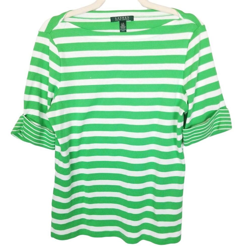 Lauren Ralph Lauren Womens Kelly Green Striped Boat Neck Top Sz L Classic Preppy
